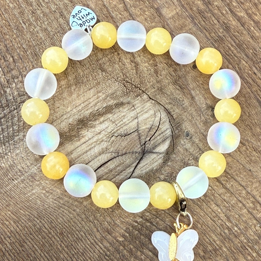 Yellow citrine and White aura Beaded Bracelet with Butterfly Charm